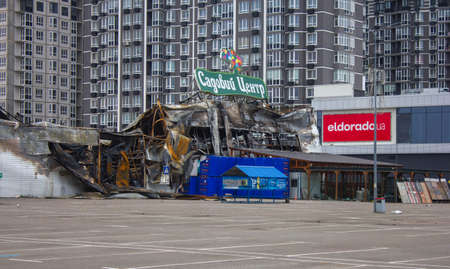 Bucha, Kyiv region, Ukraine - April 5, 2022: War between Russia and Ukraine. Consequences of the war, damaged grocery market by the troops of the Russian army.のeditorial素材