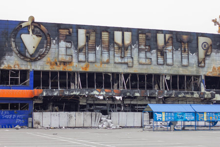 Bucha, Kyiv region, Ukraine - April 5, 2022: War between Russia and Ukraine. Consequences of the war, damaged grocery market by the troops of the Russian army.のeditorial素材