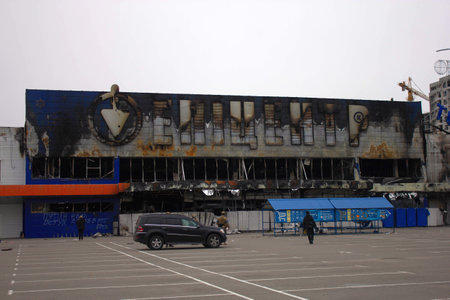 Bucha, Kyiv region, Ukraine - April 5, 2022: War between Russia and Ukraine. Consequences of the war, damaged grocery market by the troops of the Russian army.のeditorial素材