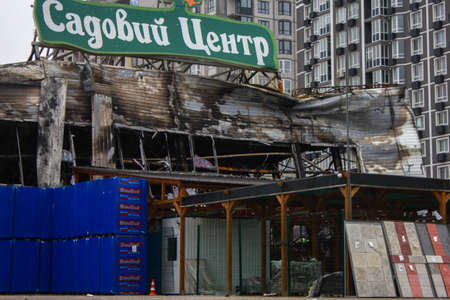 Bucha, Kyiv region, Ukraine - April 5, 2022: War between Russia and Ukraine. Consequences of the war, damaged grocery market by the troops of the Russian army.のeditorial素材