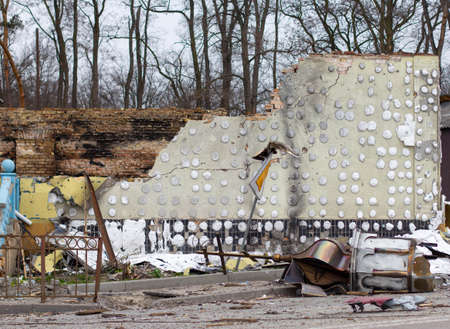 Gostomel, Kyiv region, Ukraine - 5 April 2022: War between Russia and Ukraine. The consequences of the war, the cars of civilians shot by the Russian army. Explosion-damaged cars and houses. ShapikMedia/Alexander Bordian/Stringerのeditorial素材