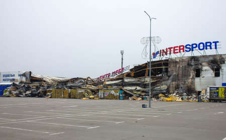 Bucha, Kyiv region, Ukraine - April 5, 2022: War between Russia and Ukraine. Consequences of the war, damaged grocery market by the troops of the Russian army.のeditorial素材