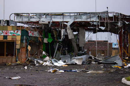 Stoyanka, Kyiv region, Ukraine - April 2022: Russia Ukraine War. A bombed-out gas station. Destroyed gas station. Consequences of the attack of the Russian armyのeditorial素材