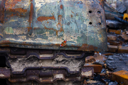 Velyka Dymerka, Kyiv region, Ukraine - April 2022: War Ukraine Russia. The ruins of the house after the bombing by the Russian army. Destroyed tank and house after a missile attack. The consequences oのeditorial素材