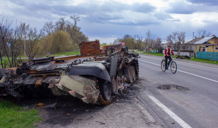 Kolychevka, Ivanovka, Chernihiv region - Apr 2022: War Ukraine Russia. The ruins of the house after...