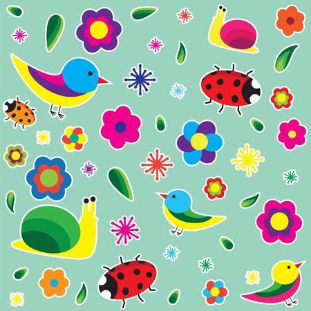 Spring painted textures of flowers, birds, snails and ladybirdsのイラスト素材