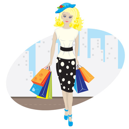 Pretty girl with shopping on the background of the cityのイラスト素材
