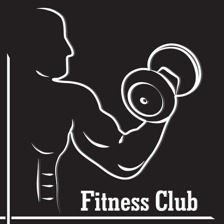 Fitness club icon  with a silhouette of a man bodybuilder with dumbbells in handのイラスト素材