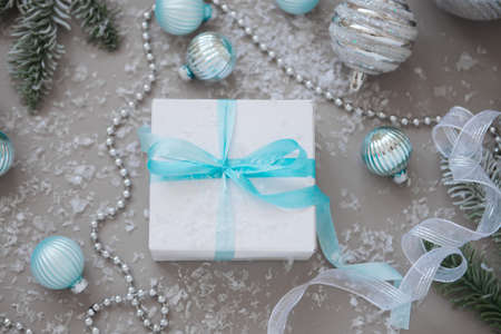 New year and Christmas tree decorations on grey backgroundの写真素材