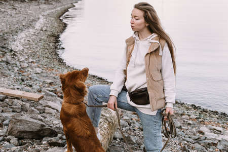 young woman and dog retriever walks on river shore at autumn seasonの写真素材