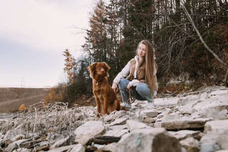 young woman and dog retriever walks on river shore at autumn seasonの写真素材