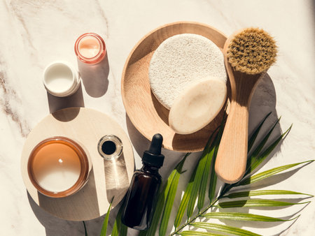 set of skin care and wellness products - serum bottle, exfoliation brush and soap, cream and sponge, flat layの写真素材