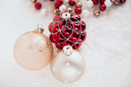 festive christmas balls composition red and golden colorの写真素材
