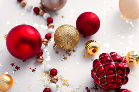 festive christmas balls composition red and golden colorの写真素材