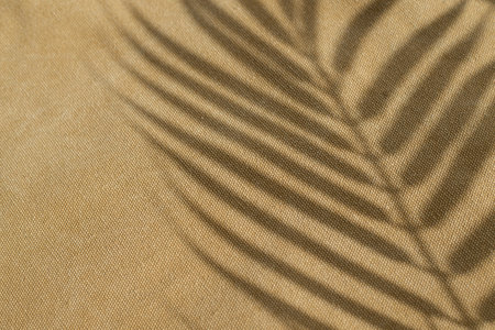 Brown textile texture, natural canvas background with palm tree leaf shadow