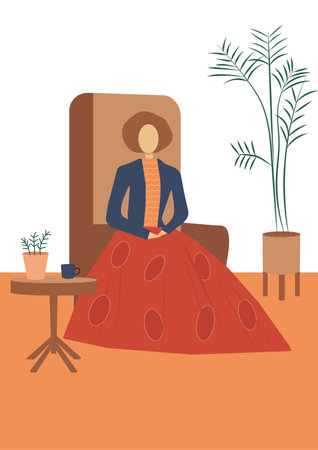 Vector illustration of a woman sitting at the table in a room.のイラスト素材
