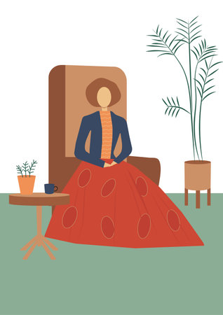 Woman in a red dress sitting at the table. vector illustration.のイラスト素材