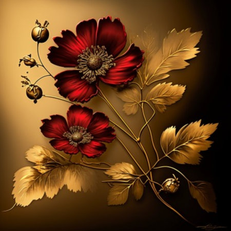 Abstract floral background with red poppies and golden leavesの素材