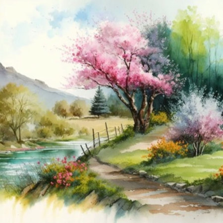 Beautiful spring landscape with lake and pink cherry blossoms. watercolor paintingの素材