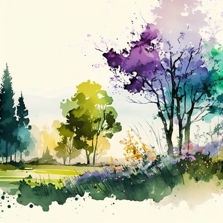 Abstract watercolor landscape with trees, grass and flowers. watercolor illustration.の素材
