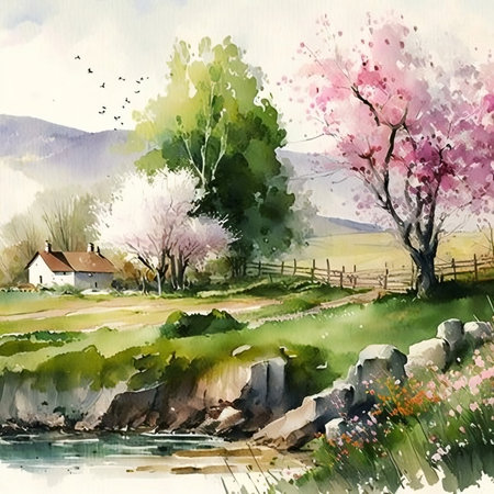 Watercolor spring landscape with blooming trees and house on the shoreの素材