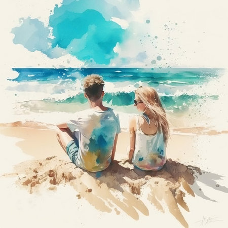 Digital watercolor painting of a young couple sitting on the beach.の素材
