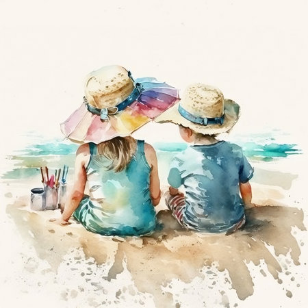Watercolor illustration of kids sitting on the beach in hatsの素材