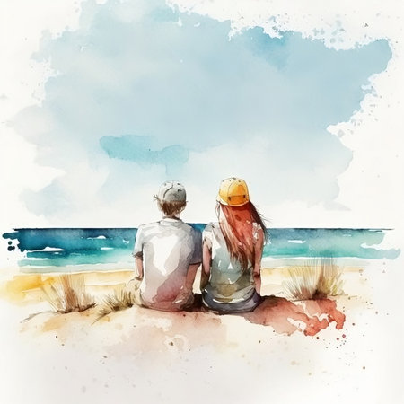Watercolor illustration of a couple sitting on the beach, looking at the seaの素材