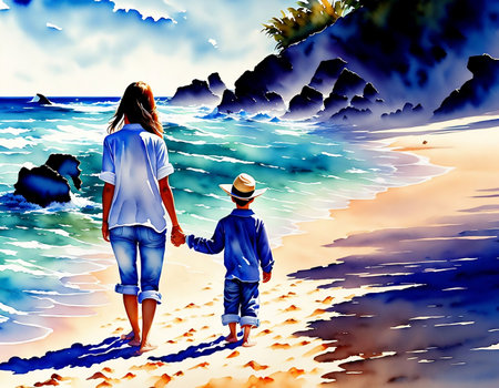 Mother and son walking on the beach. concept of happy family.の素材