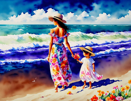 Mother and daughter walking on the beach at sunset. colorful illustration.の素材