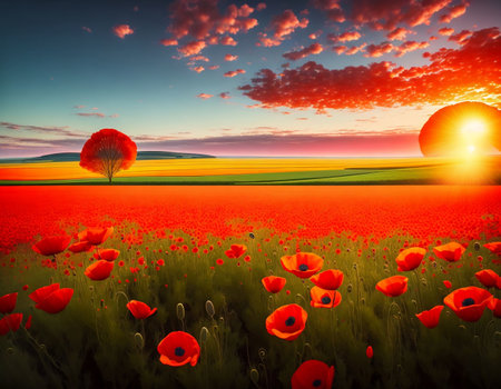 Beautiful landscape with red poppies field at sunset. nature composition.の素材