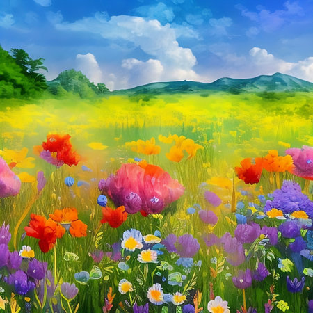 Beautiful summer landscape with meadow and flowersの素材