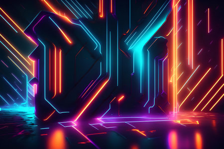 3D abstract background with neon lights. 3d renderingの素材