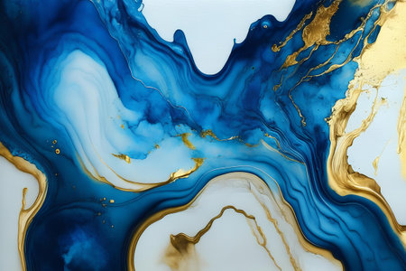 Abstract blue and gold marble texture background. fluid art painting.の素材
