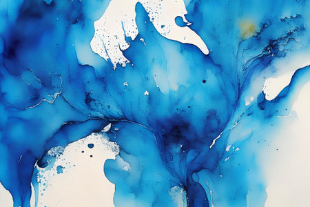 Alcohol ink abstract background. Hand drawn alcohol painting with blue and white colors.の素材