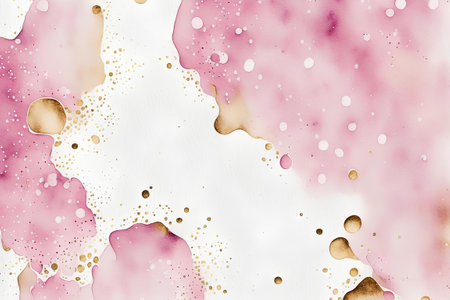 Abstract pink watercolor background with gold splashes and drops on white paperの素材