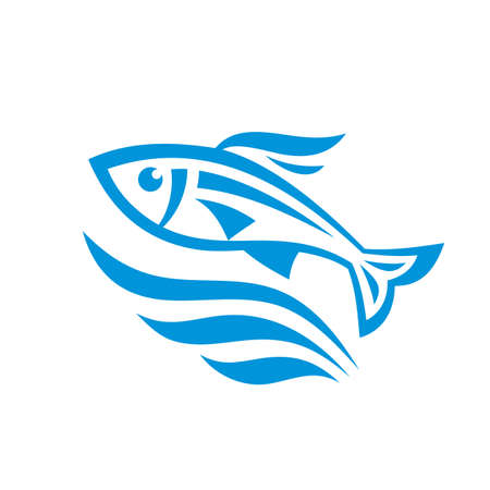 Fish and sea water waves - concept icon sign vector illustration in graphic line style.のイラスト素材