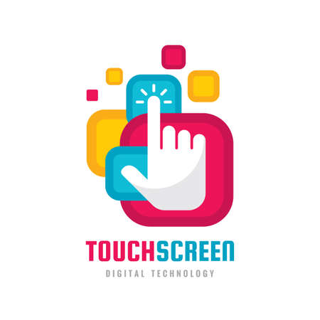 Touch screen finger - concept business logo template. Human hand on surface display. Digital technology sign. Abstract graphic design element. Vector illustration.のイラスト素材