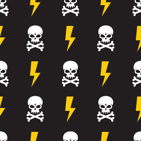 Human skull and lightning on black background - seamless vector pattern. Design element. Danger vector illustration.のイラスト素材