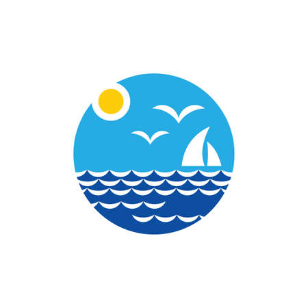Sea waves with birds, sail, sun - concept logo design. Summer vacation travel icon sign. Ocean cruise symbol. Vector illustration.のイラスト素材