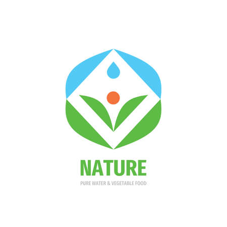 Nature concept logo design. Pure water & vegetable food. Green leaves and blue water concept icon sign. Vector illustration.のイラスト素材