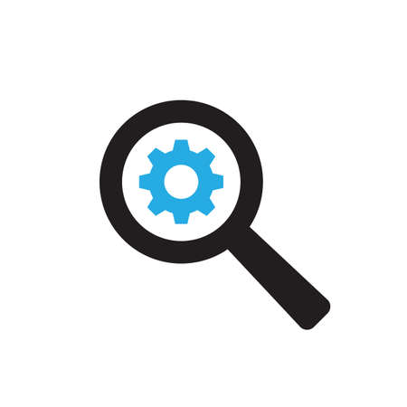 Magnifier lens with gear - concept icon design. SEO symbol. Vector illustration.のイラスト素材