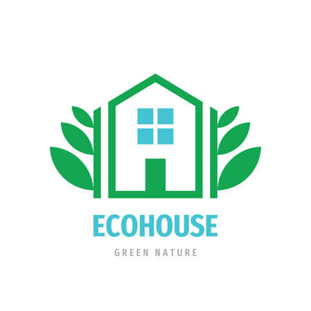 Eco house logo template design. Building cottage with green leaves - concept sign. Nature home symbol. Vector illustration.のイラスト素材