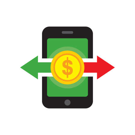 Mobile phone dollar money transaction concept icon vector illustration in flat style design. Digital walley transfer creative logo sign. Smartphone banking symbol.のイラスト素材