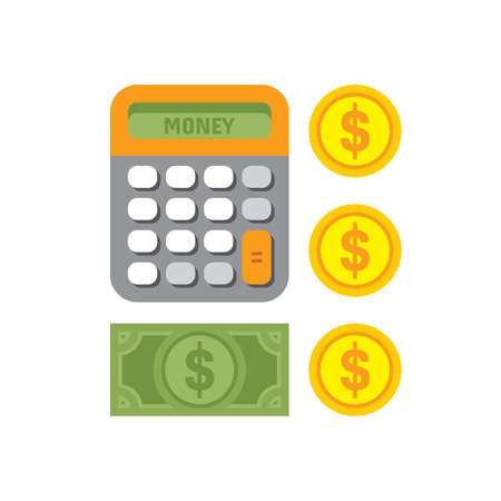 Money saving concept vector illustration in flat design style. Finance calculator, dollar coins and bank note. Creative symbols and icons.のイラスト素材