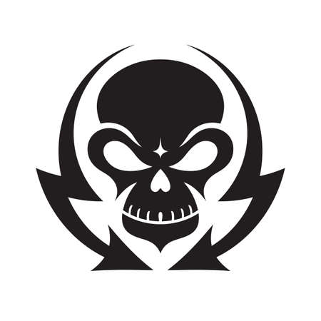 Skull and lightning arrows - concept logo sign design. Monster skull emblem. heavy metal music sound badge symbol.のイラスト素材