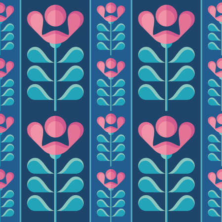 Seamless pattern flowers and leaves. Mid-century modern art vector background. abstract geometric. Tulips decorative ornament in retro vintage design style. Floral spring, summer, autumn.のイラスト素材