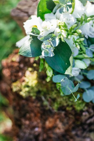 Wedding bouquet of white flowers on the wood stump outdoors , close viewの写真素材