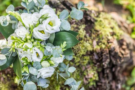 Wedding bouquet of white flowers on the wood stump outdoors , top viewの写真素材