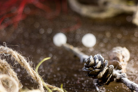 Christmas decoration - fir cones with golden dust and ropes.の写真素材